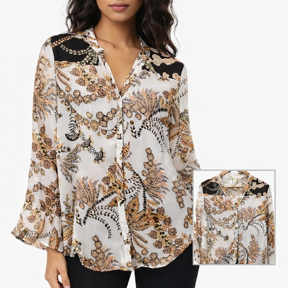 Fig and Flower Boho Paisley Sheer Blouse Flowy Tunic Top‎ L